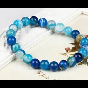 Bracelet of Real 8mm Banded Blue Agate Gemstone Beaded Stretch SALE FIRM
